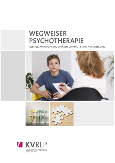 Titelseite einer Broschüre mit 3 Fotos: Jugendlicher bei Psychotherapeutin, 2 leere Stühle, Puzzle