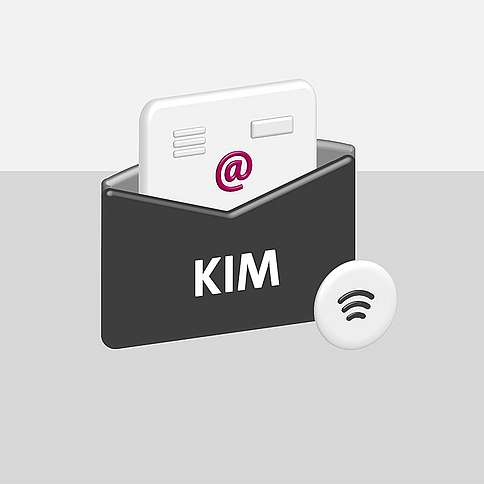Kommunikation im Medizinwesen (KIM) Stilisierte Grafik mit Briefumschlag, aus dem eine Plastikkarte herausschaut